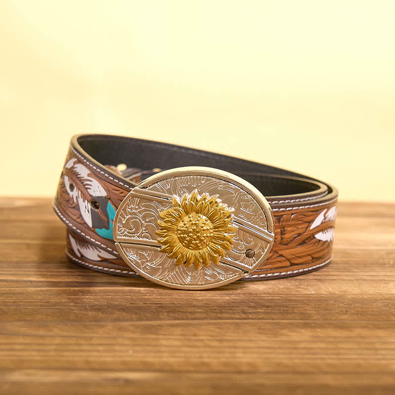 Ceinture en cuir pour homme avec couteau pliant caché tournesol doré et argenté - Tournesol - Ceinture à plumes marron - 40 - image 9