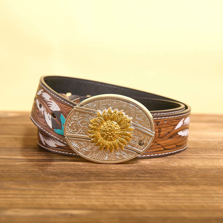 Ceinture en cuir pour homme avec couteau pliant caché tournesol doré et argenté - Tournesol - Ceinture à plumes marron - 40 - image 9