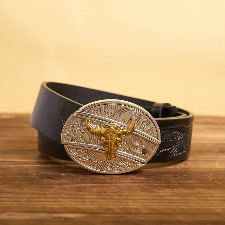 Ceinture en cuir pour homme avec couteau pliant caché en forme de taureau doré et argenté - Taureau - Ceinture noire avec aigle en relief - 42 - image 5