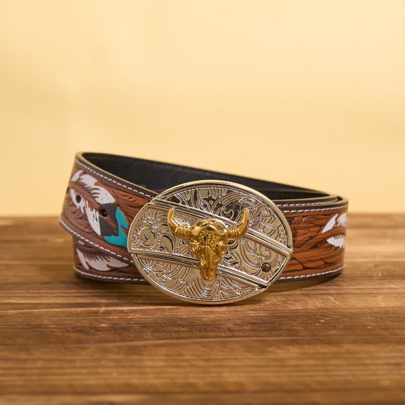 Ceinture en cuir pour homme avec couteau pliant caché en forme de taureau doré et argenté - image 2