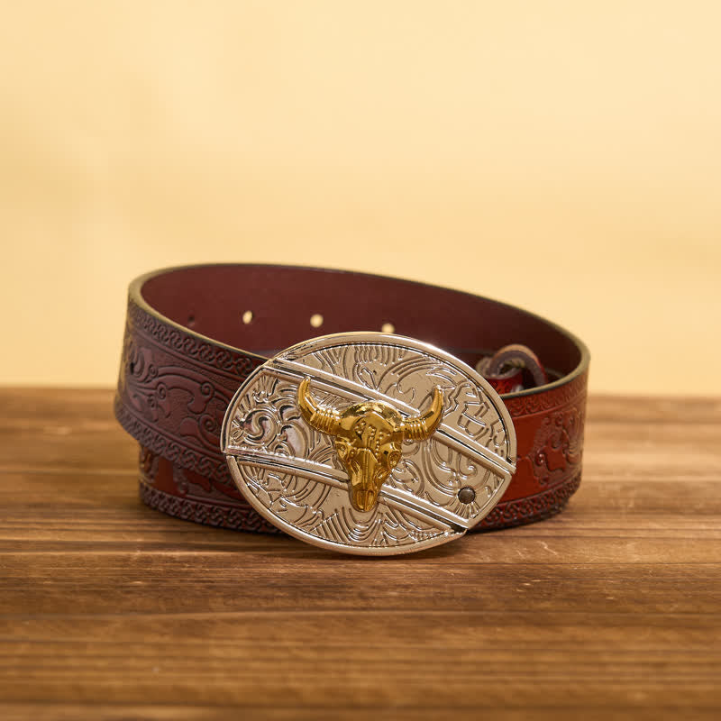 Ceinture en cuir pour homme avec couteau pliant caché en forme de taureau doré et argenté - Taureau - Ceinture marron sculptée - 42 - image 9