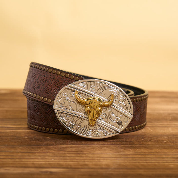 Ceinture en cuir pour homme avec couteau pliant caché en forme de taureau doré et argenté - Taureau - Ceinture à rivets marron - 42 - image 7
