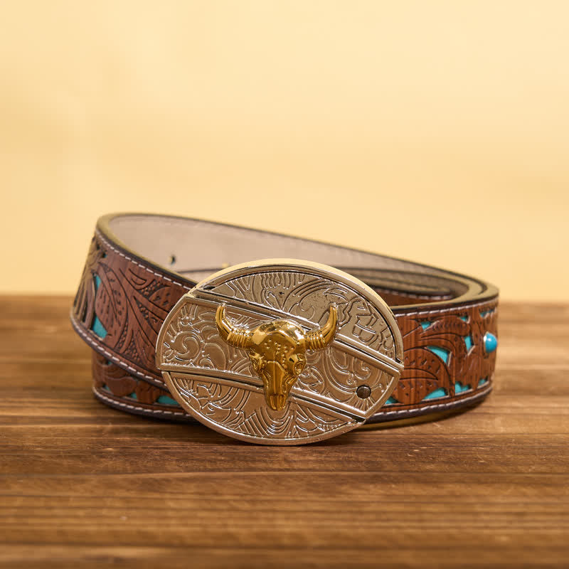 Ceinture en cuir pour homme avec couteau pliant caché en forme de taureau doré et argenté - Taureau - Ceinture sculptée en turquoise - 42 - image 6