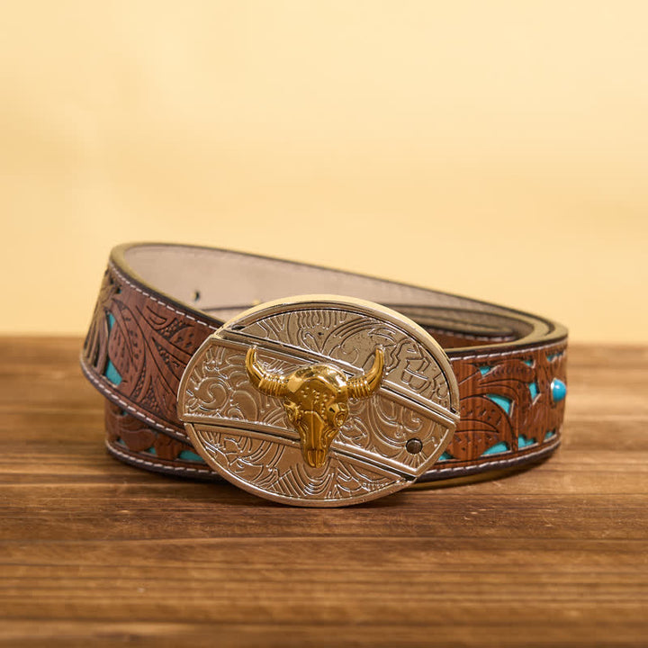 Ceinture en cuir pour homme avec couteau pliant caché en forme de taureau doré et argenté - Taureau - Ceinture sculptée en turquoise - 42 - image 6
