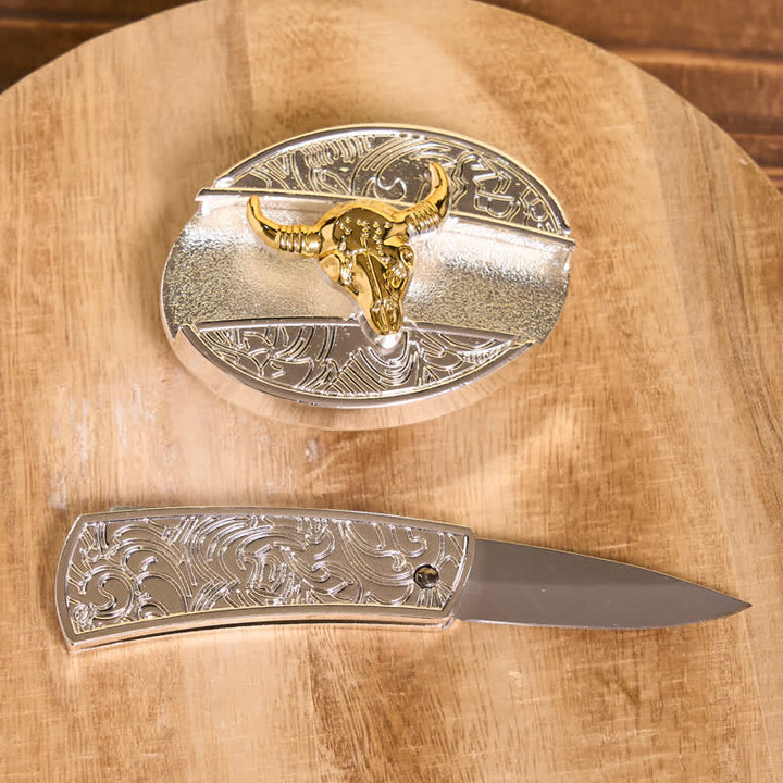 Ceinture en cuir pour homme avec couteau pliant caché en forme de taureau doré et argenté - image 4