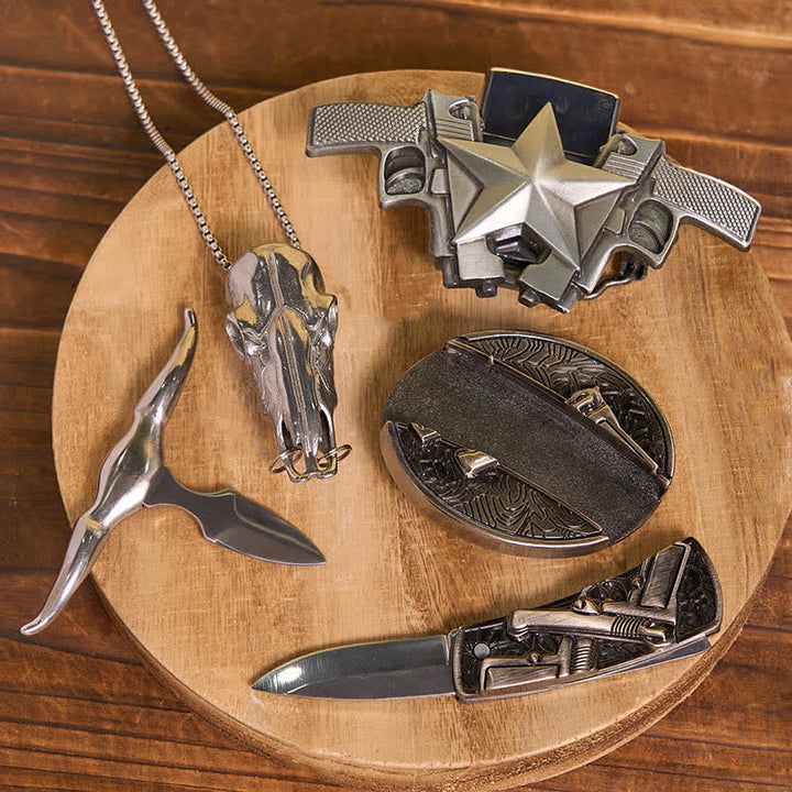 Ensemble de pistolets à monter soi-même, couteau caché, boucle de ceinture, pendentif anneau de taureau, briquet à pétrole