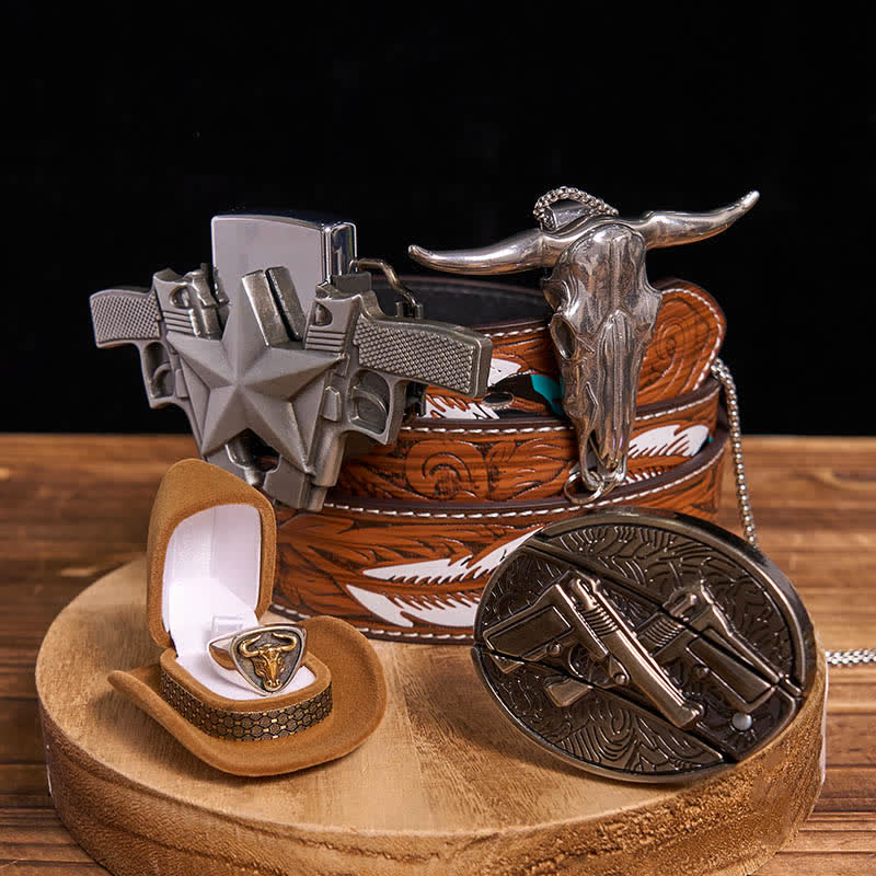 Ensemble de pistolets à monter soi-même, couteau caché, boucle de ceinture, pendentif anneau de taureau, briquet à pétrole - Pistolets doubles - Ceinture à plumes marron - 40 - image 0