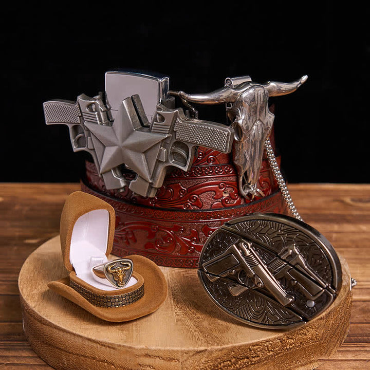 Ensemble de pistolets à monter soi-même, couteau caché, boucle de ceinture, pendentif anneau de taureau, briquet à pétrole - Pistolets doubles - Ceinture marron sculptée - 42 - image 8