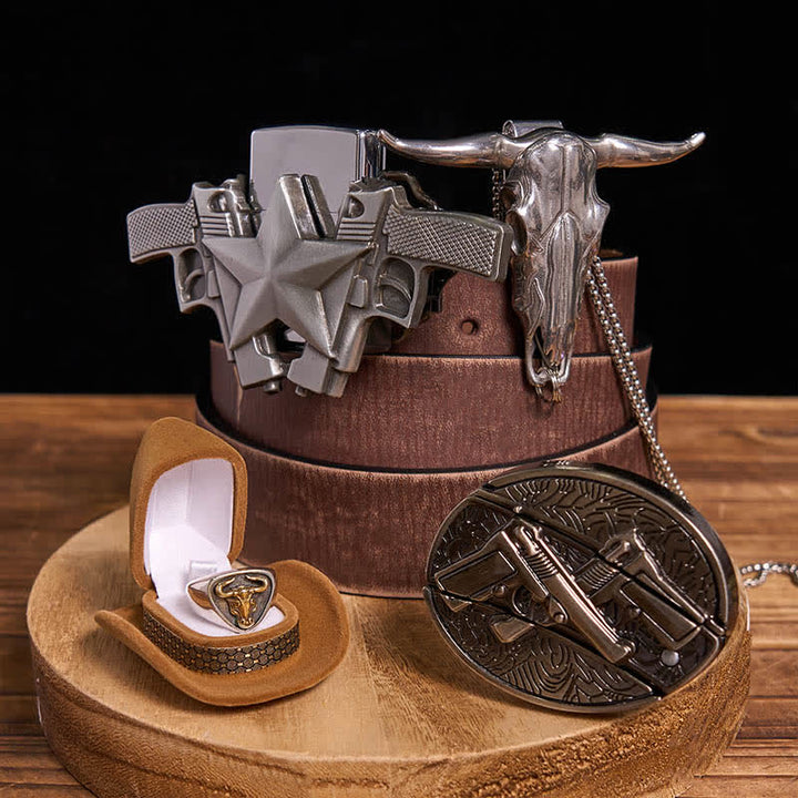 Ensemble de pistolets à monter soi-même, couteau caché, boucle de ceinture, pendentif anneau de taureau, briquet à pétrole