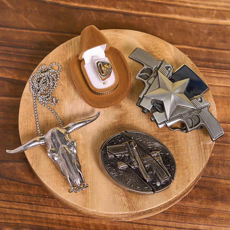 Ensemble de pistolets à monter soi-même, couteau caché, boucle de ceinture, pendentif anneau de taureau, briquet à pétrole