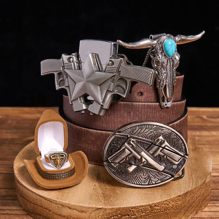 Ensemble pendentif taureau turquoise, pistolet dissimulé, couteau et briquet à monter soi-même - Pistolets doubles - Ceinture marron vieillie - 42 - image 4