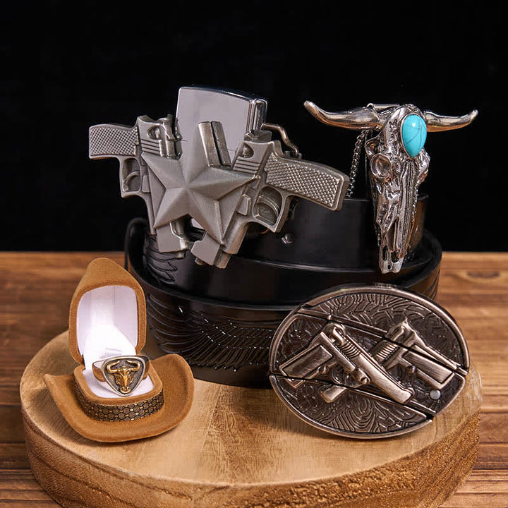 Ensemble pendentif taureau turquoise, pistolet dissimulé, couteau et briquet à monter soi-même - Pistolets doubles - Ceinture noire avec aigle en relief - 42 - image 2