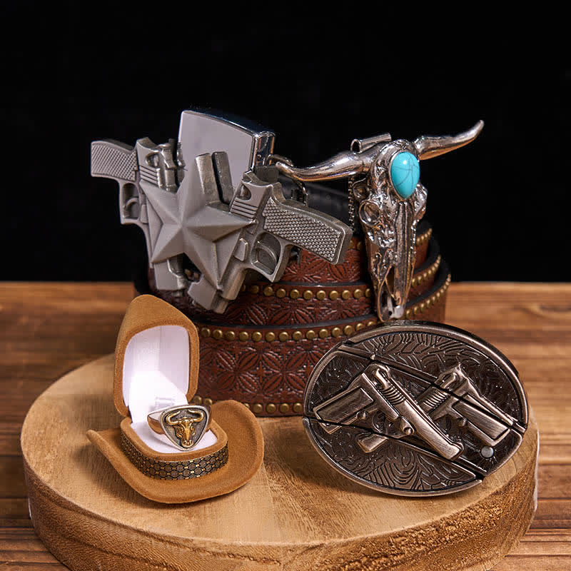 Ensemble comprenant un pendentif taureau turquoise, un pistolet dissimulé, un couteau et un briquet (PRÉVENTE) - Pistolets doubles - Ceinture à rivets marron - 42 - image 3