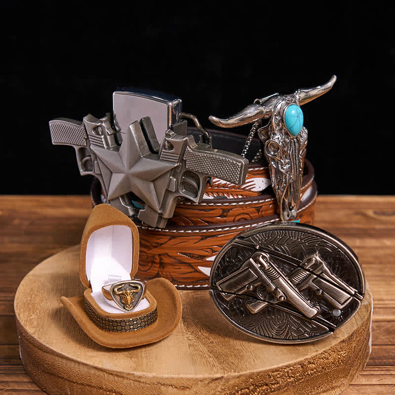 Ensemble pendentif taureau turquoise, pistolet dissimulé, couteau et briquet à monter soi-même - Pistolets doubles - Ceinture à plumes marron - 40 - image 0