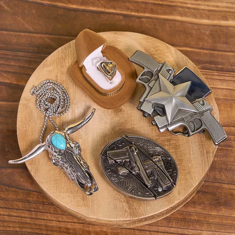 Ensemble pendentif taureau turquoise, pistolet dissimulé, couteau et briquet à monter soi-même - Pistolets doubles - Sans ceinture - Ceinture non incluse - image 1