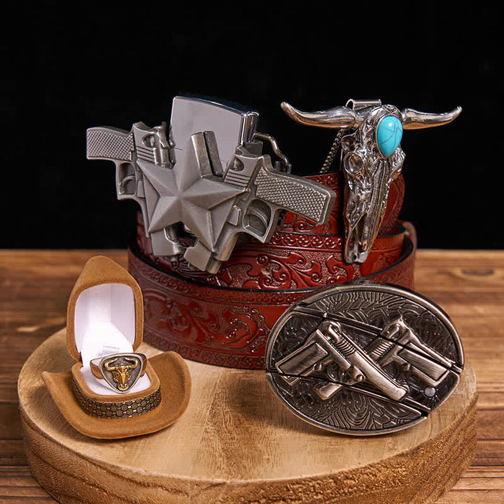 Ensemble pendentif taureau turquoise, pistolet dissimulé, couteau et briquet à monter soi-même - Pistolets doubles - Ceinture marron sculptée - 42 - image 5