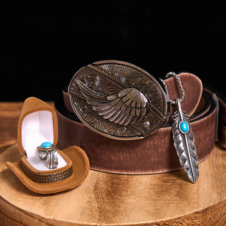 Ensemble collier et bague avec couteau caché à aile d'ange, boucle de ceinture et pendentif en forme de plume turquoise - Ailes - Ceinture marron vieillie - 42 - image 13