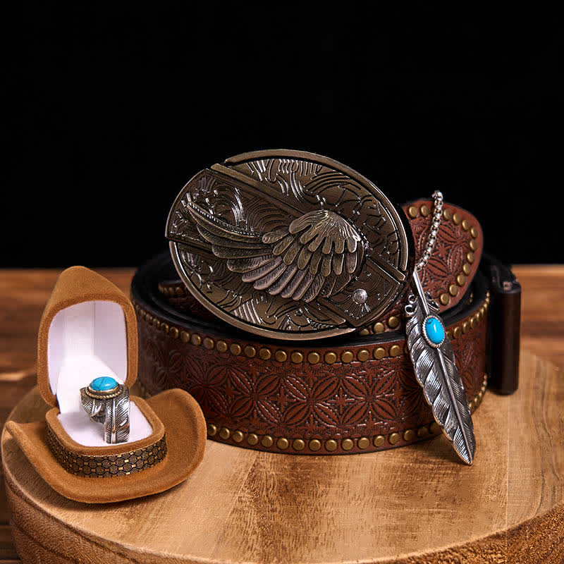 Ensemble collier et bague avec couteau caché à aile d'ange, boucle de ceinture et pendentif en forme de plume turquoise - Ailes - Ceinture à rivets marron - 42 - image 12