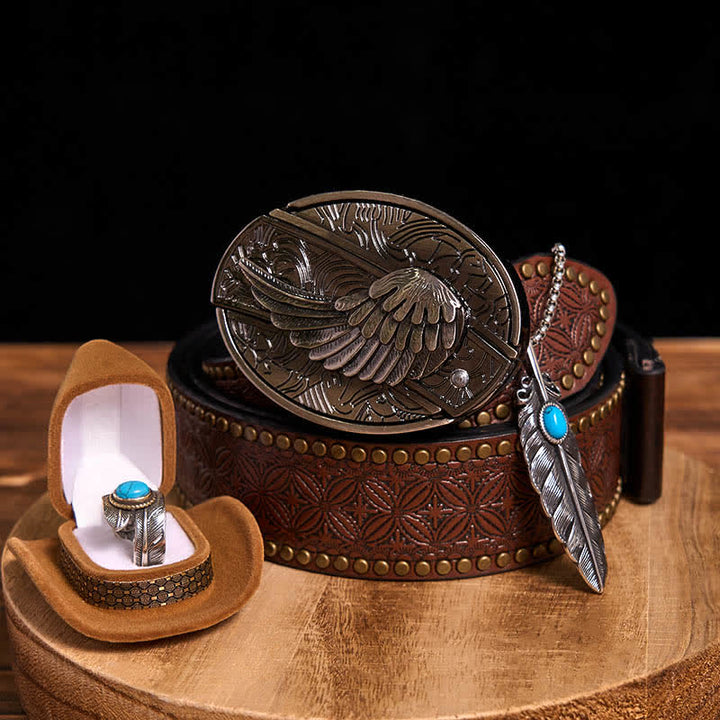 Ensemble collier et bague avec couteau caché à aile d'ange, boucle de ceinture et pendentif en forme de plume turquoise - Ailes - Ceinture à rivets marron - 42 - image 12
