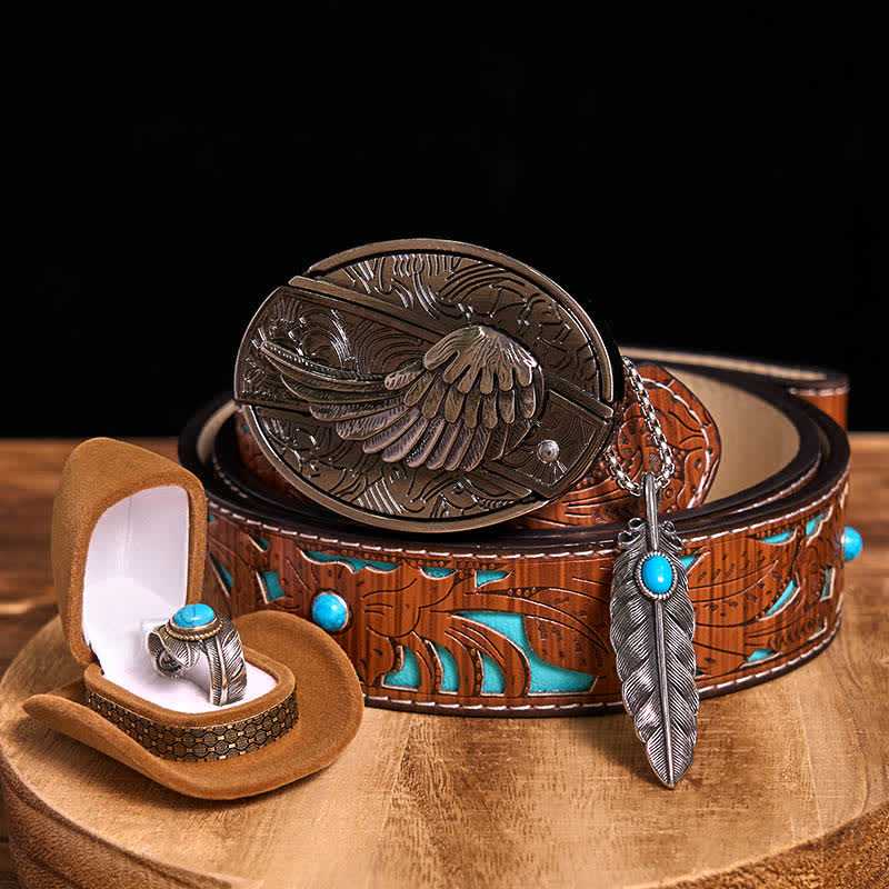 Ensemble collier et bague avec couteau caché à aile d'ange, boucle de ceinture et pendentif en forme de plume turquoise - Ailes - Ceinture sculptée en turquoise - 42 - image 11