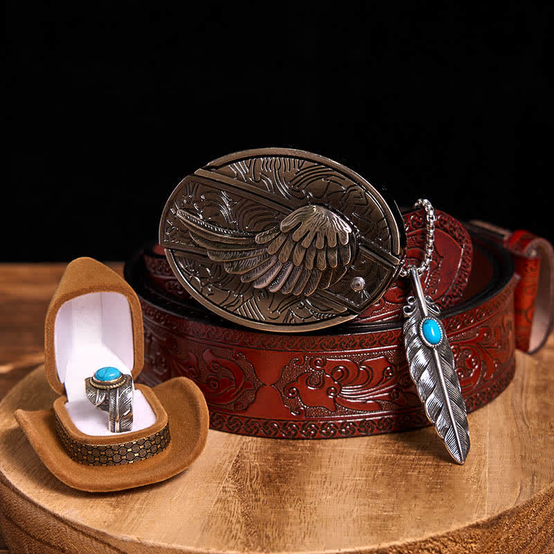 Ensemble collier et bague avec couteau caché à aile d'ange, boucle de ceinture et pendentif en forme de plume turquoise - Ailes - Ceinture marron sculptée - 42 - image 14