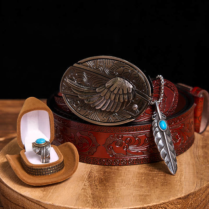 Ensemble collier et bague avec couteau caché à aile d'ange, boucle de ceinture et pendentif en forme de plume turquoise - Ailes - Ceinture marron sculptée - 42 - image 14