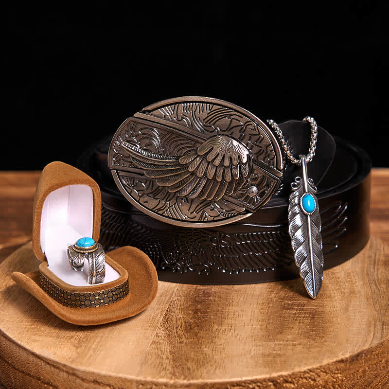 Ensemble collier et bague avec couteau caché à aile d'ange, boucle de ceinture et pendentif en forme de plume turquoise - Ailes - Ceinture noire avec aigle en relief - 42 - image 10