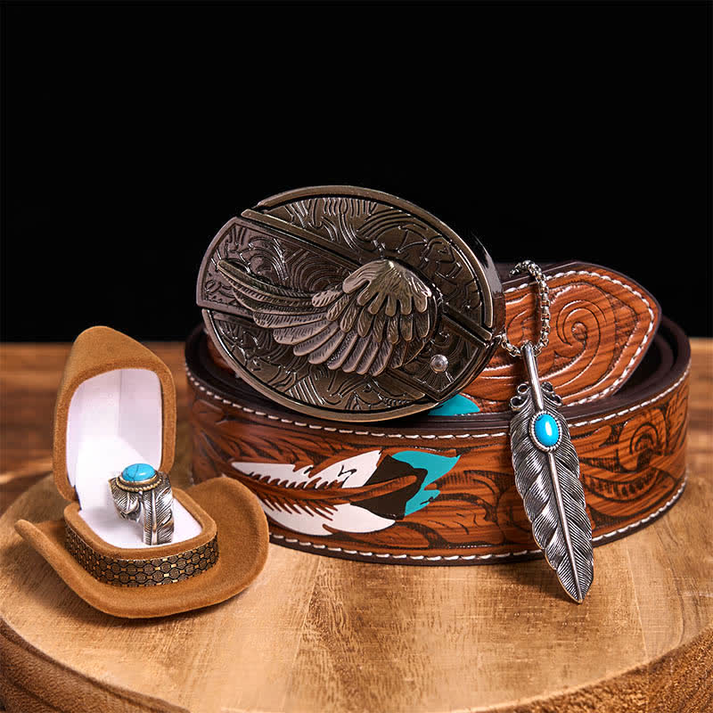 Ensemble collier et bague avec couteau caché à aile d'ange, boucle de ceinture et pendentif en forme de plume turquoise - Ailes - Ceinture à plumes marron - 40 - image 0