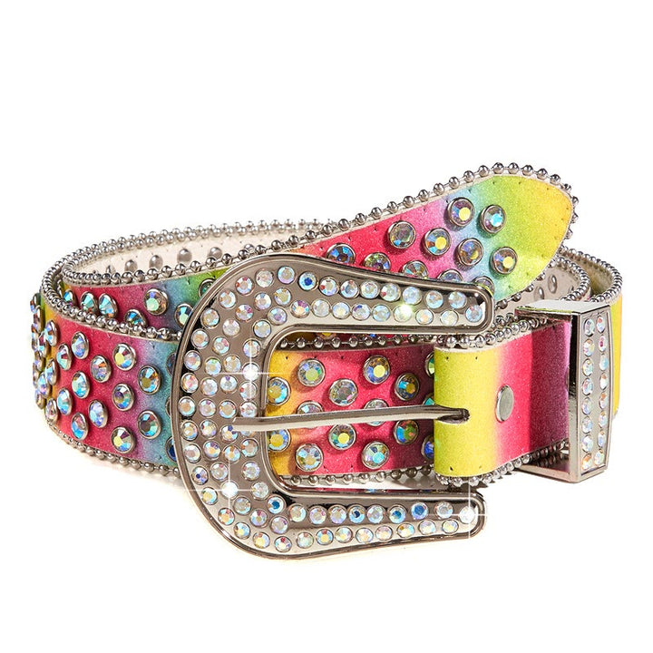 Ceinture en cuir à strass arc-en-ciel colorée pour femme