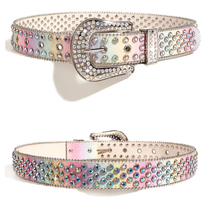 Ceinture en cuir à strass arc-en-ciel colorée pour femme