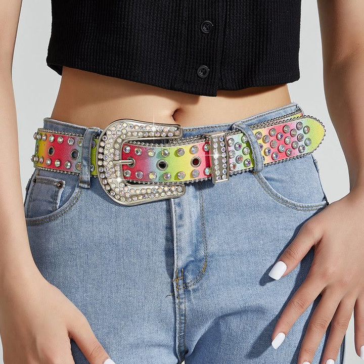 Ceinture en cuir à strass arc-en-ciel colorée pour femme