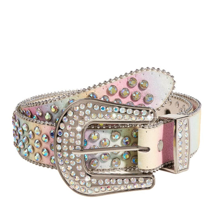Ceinture en cuir à strass arc-en-ciel colorée pour femme