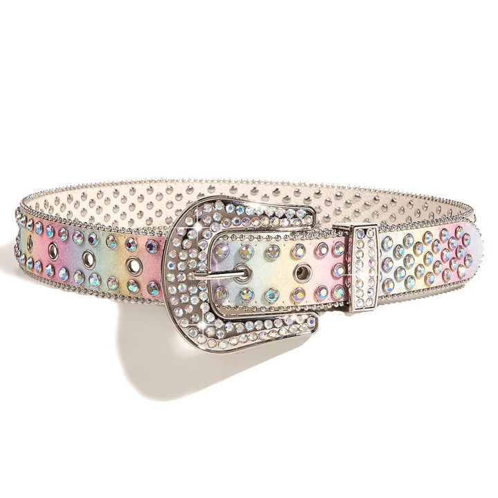 Ceinture en cuir à strass arc-en-ciel colorée pour femme