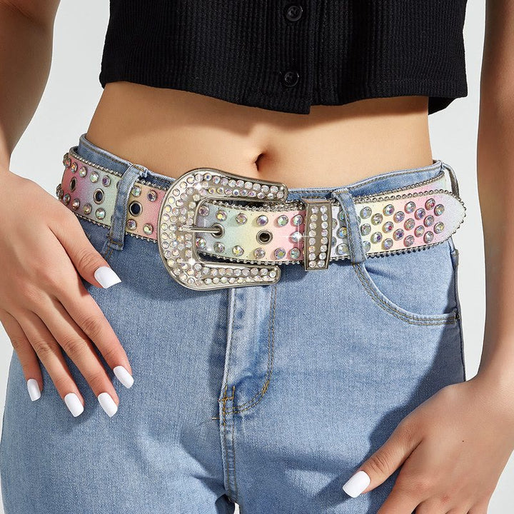 Ceinture en cuir à strass arc-en-ciel colorée pour femme