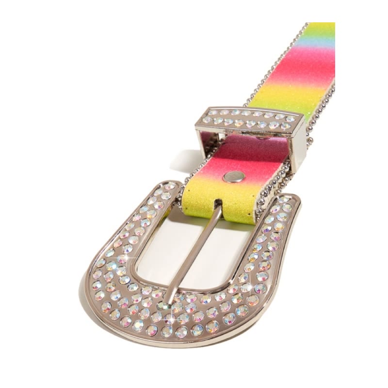 Ceinture en cuir à strass arc-en-ciel colorée pour femme