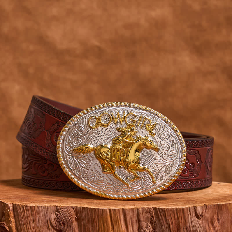 Ceinture en cuir avec boucle d'équitation dorée et argentée pour cowgirl