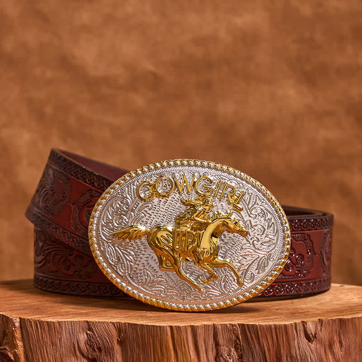 Ceinture en cuir avec boucle d'équitation dorée et argentée pour cowgirl