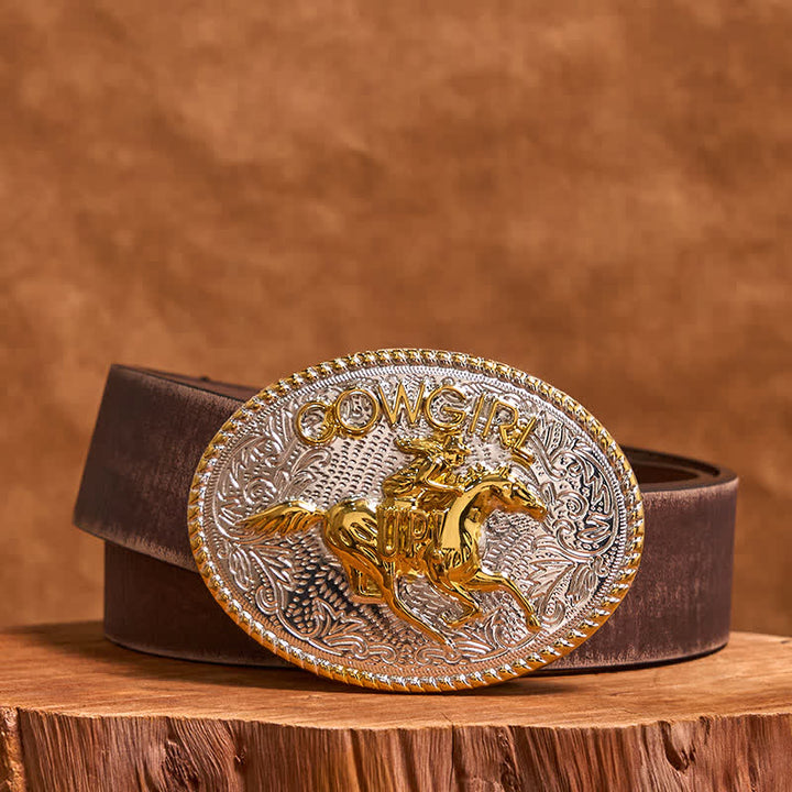 Ceinture en cuir avec boucle d'équitation dorée et argentée pour cowgirl
