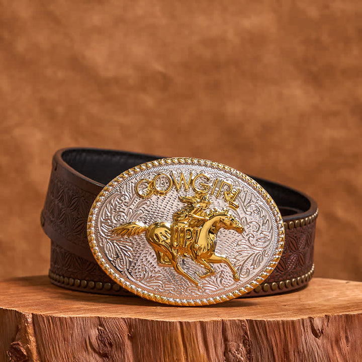 Ceinture en cuir avec boucle d'équitation dorée et argentée pour cowgirl