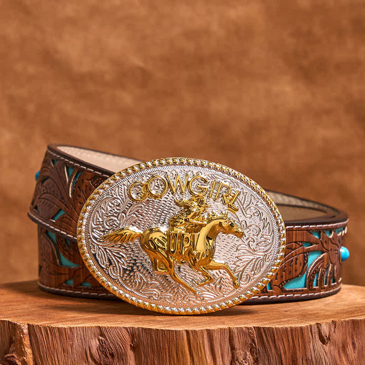 Ceinture en cuir avec boucle d'équitation dorée et argentée pour cowgirl