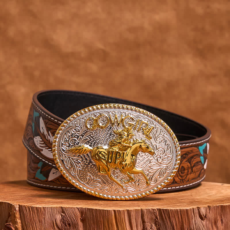 Ceinture en cuir avec boucle d'équitation dorée et argentée pour cowgirl