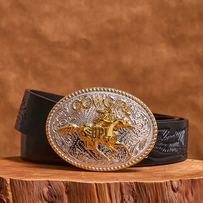 Ceinture en cuir avec boucle d'équitation dorée et argentée pour cowgirl