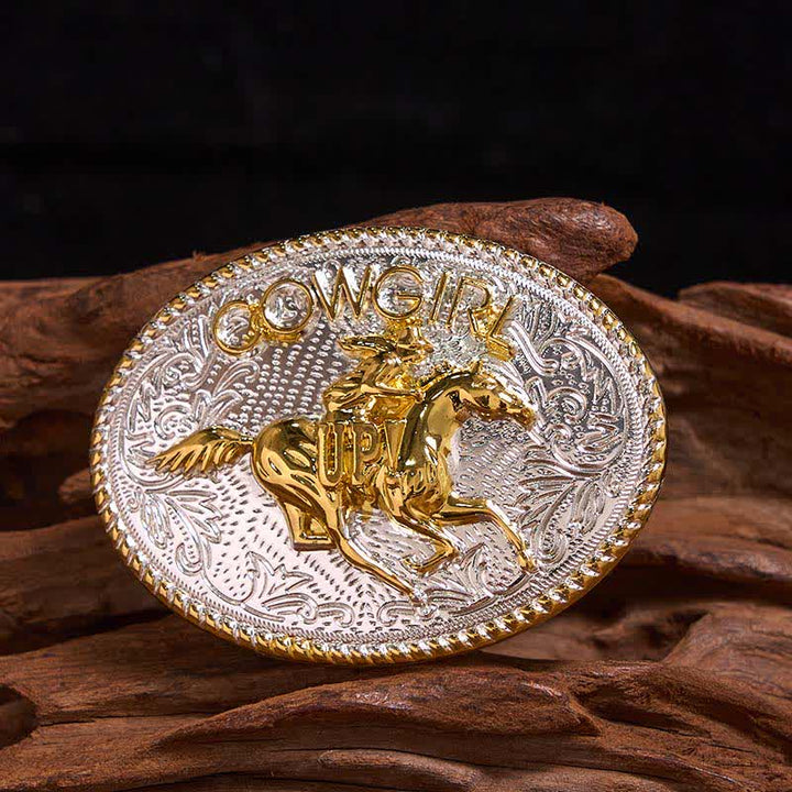 Ceinture en cuir avec boucle d'équitation dorée et argentée pour cowgirl