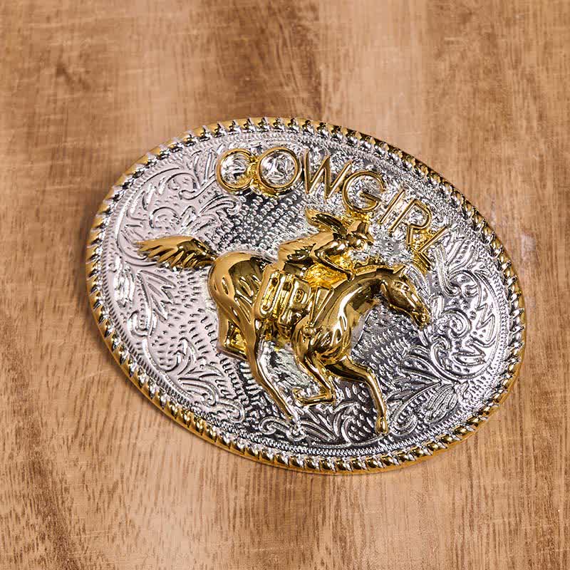 Ceinture en cuir avec boucle d'équitation dorée et argentée pour cowgirl