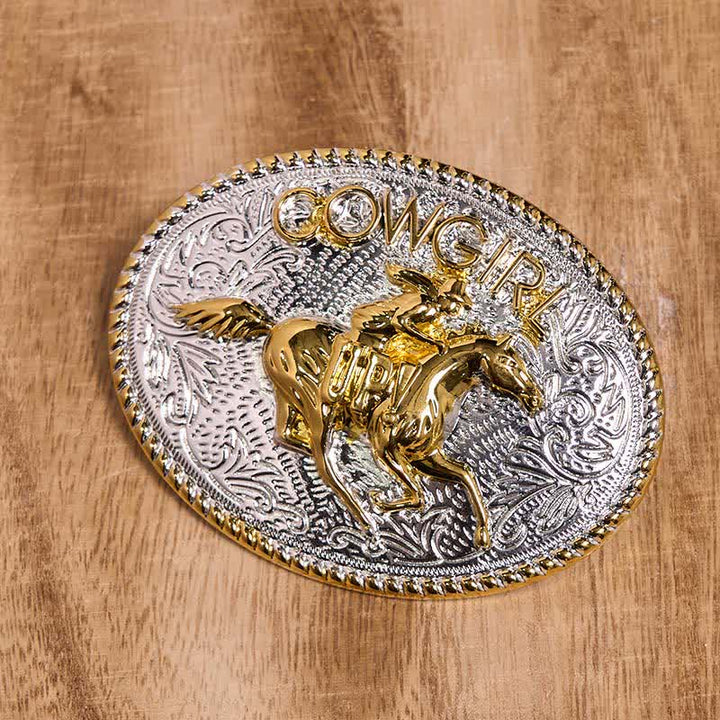 Ceinture en cuir avec boucle d'équitation dorée et argentée pour cowgirl