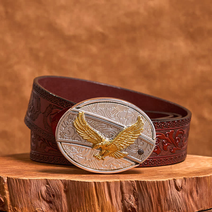 Ceinture en cuir pour homme avec couteau pliant caché en forme d'aigle doré et argenté - Aigle - Ceinture marron sculptée - 42 - image 8
