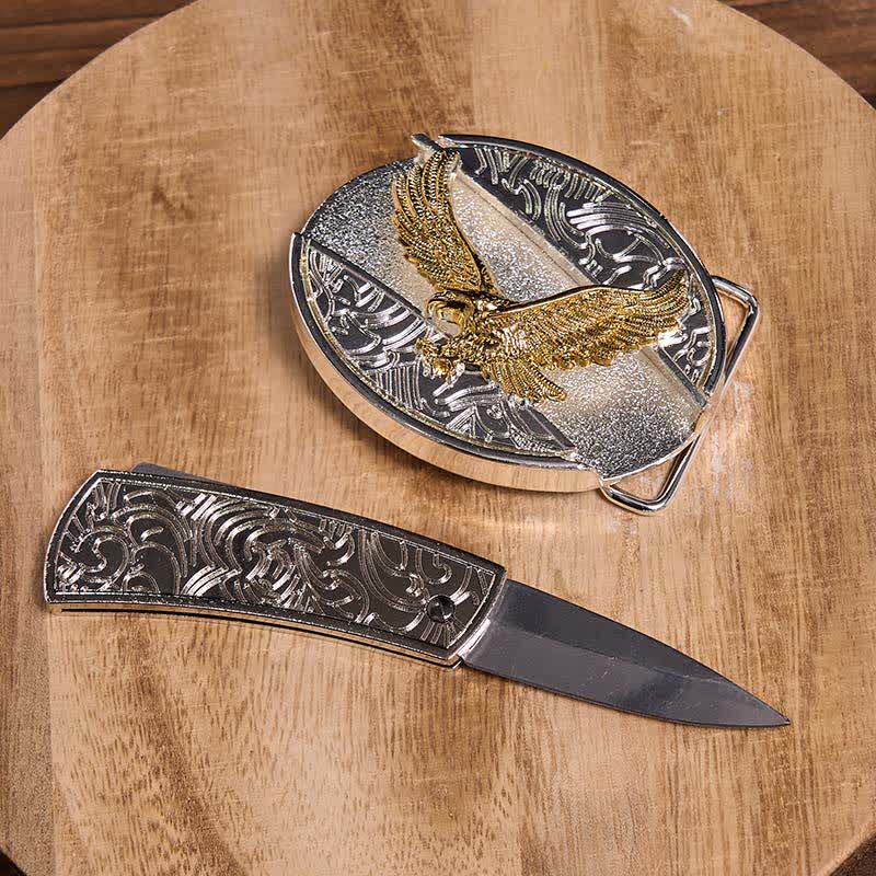 Ceinture en cuir pour homme avec couteau pliant caché en forme d'aigle doré et argenté - image 3