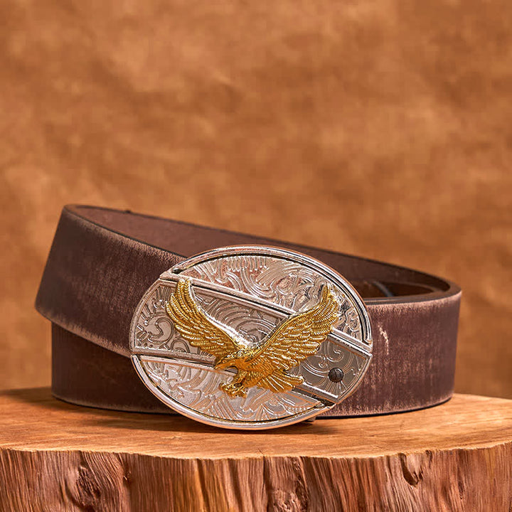 Ceinture en cuir pour homme avec couteau pliant caché en forme d'aigle doré et argenté - Aigle - Ceinture marron vieillie - 42 - image 7