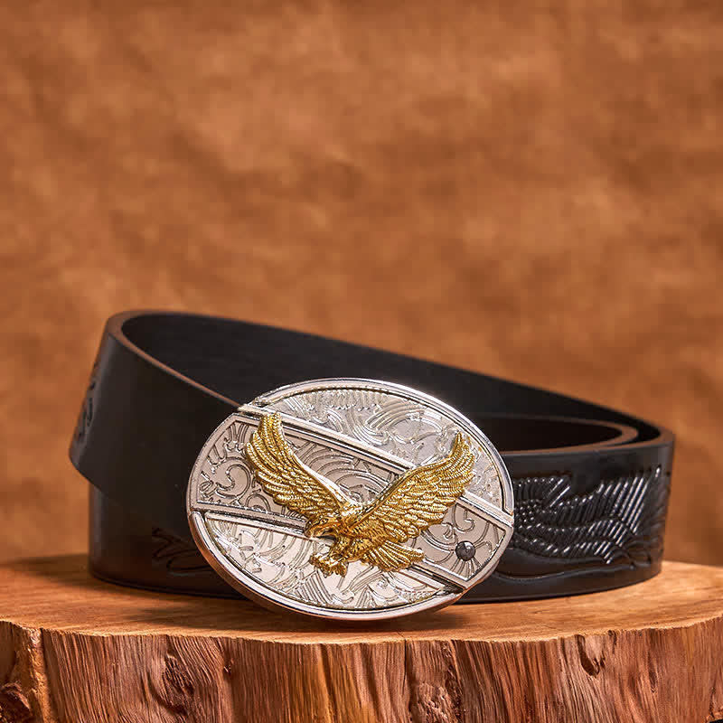 Ceinture en cuir pour homme avec couteau pliant caché en forme d'aigle doré et argenté - Aigle - Ceinture noire avec aigle en relief - 42 - image 4