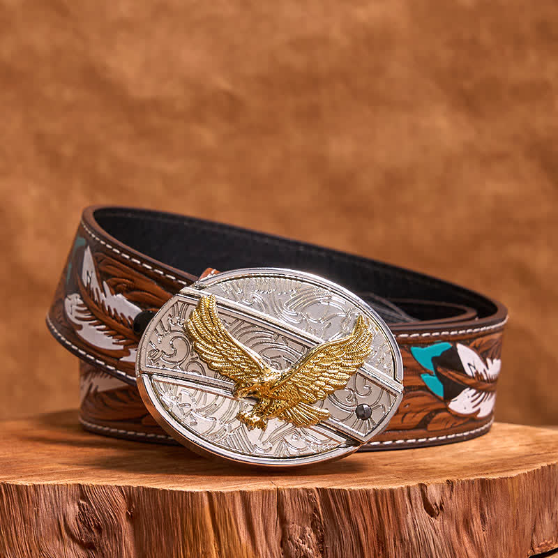 Ceinture en cuir pour homme avec couteau pliant caché en forme d'aigle doré et argenté - Aigle - Ceinture à plumes marron - 40 - image 9